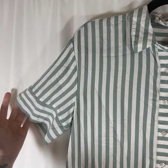 Jane Delancey Blouse Women's Small Green White Striped Short Sleeve Button Up - Picture 3 of 9